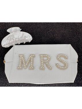 White Bride "Mrs" Clutch With Pearl & Rhinestone Lettering